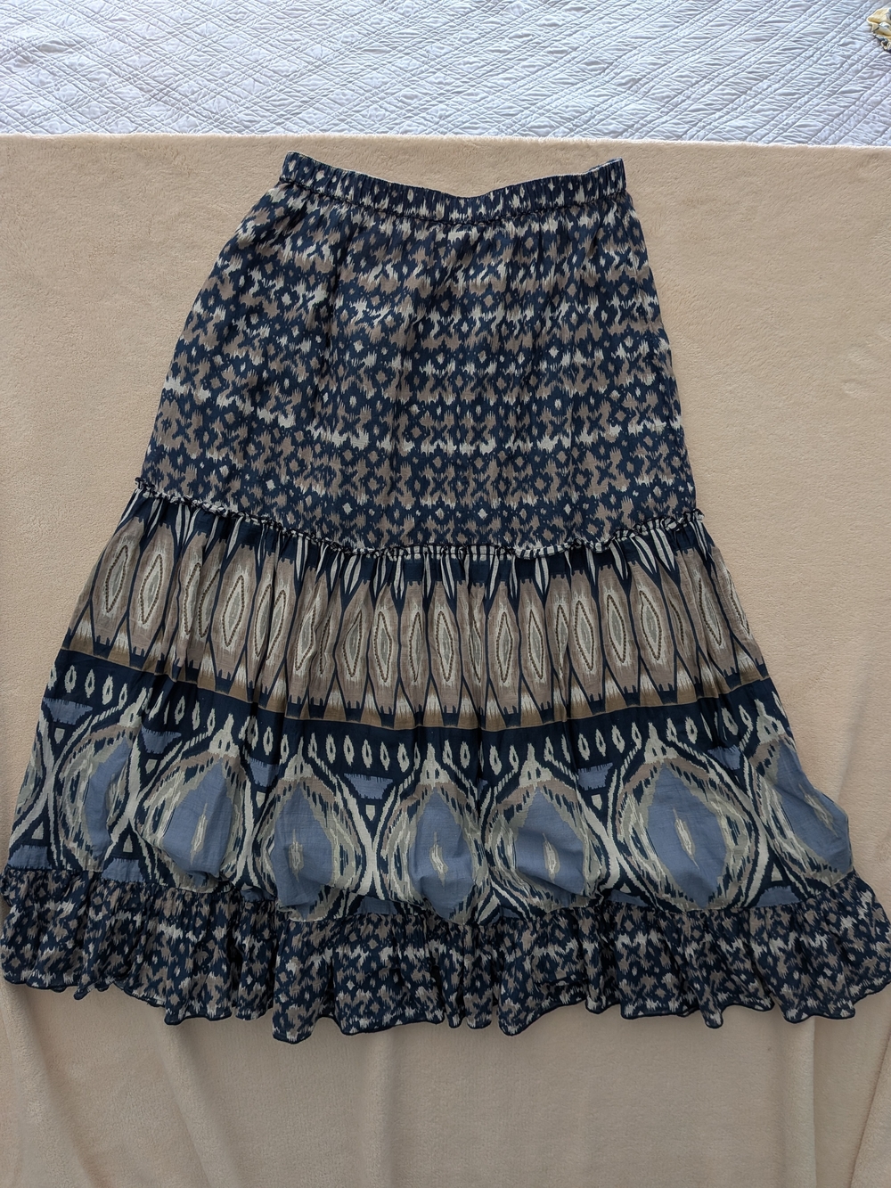 Christopher & Banks Tiered Midi Maxi Skirt Sz. Small Blue Boho Ikat Peasant
